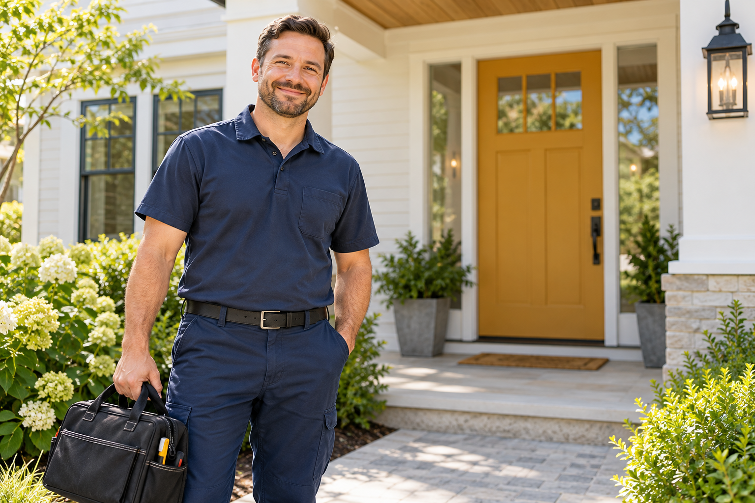 A home services professional beside a residential home