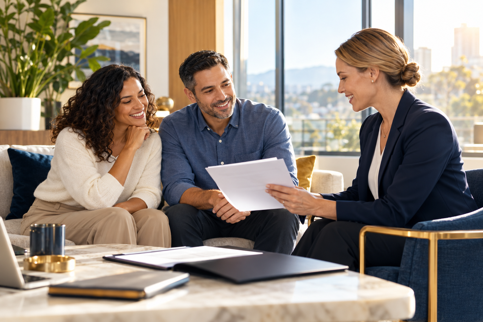 A couple reviewing insurance documents with a professional